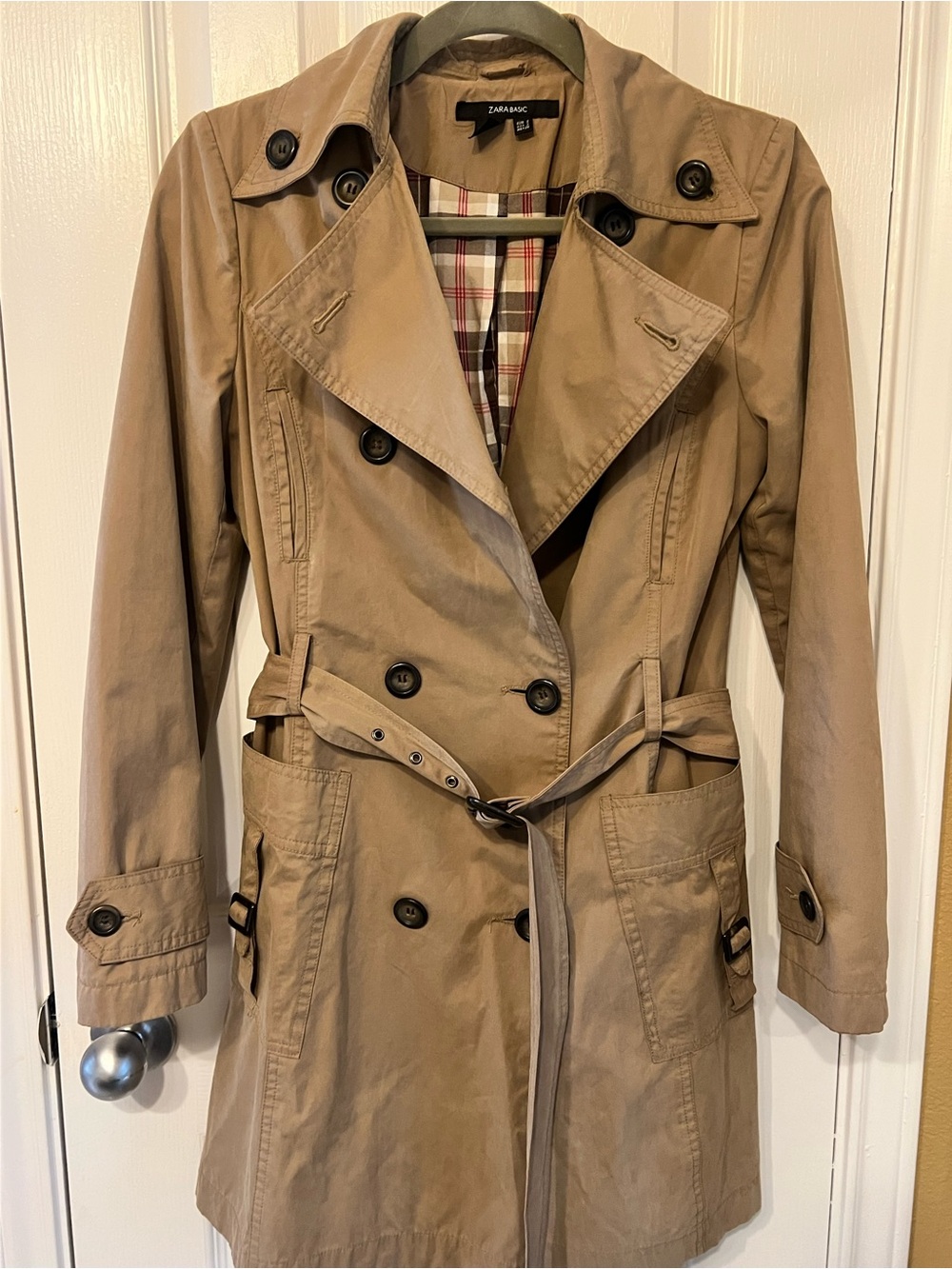 Zara Beige Double-Breasted Trench Coat, Plaid Interior, Size S